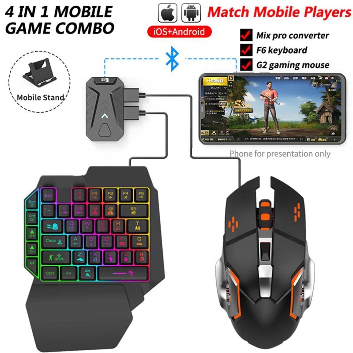5 in 1 Bluetooth Gaming Keyboard Mouse Converter Combo for Smartphone, play your mobile games using the keyboard and the mouse